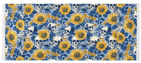 Waschmaschinen-Abdeckung mit Spitzenrand und Seitentasche, stabile Waschmaschinen-Schutzhülle, E-Stil, japanische Sonnenblume, Marineblau, Totenkopf, für Waschmaschine, Mikrowelle, Kühlschrank, 130 x