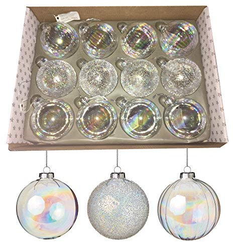 Premier Decorations Box of 12 80mm Glass Christmas Tree Baubles - Iridescent