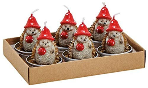 6er-Set Teelichter Fliegenpilz Igel aus Wachs handbemalt - Formkerze Figurkerze Dekokerze (braun-rot) Ø4 x H 5 cm - detailreiche Dekokerzen Herbstdeko Waldtiere Tischdeko Geschenkidee