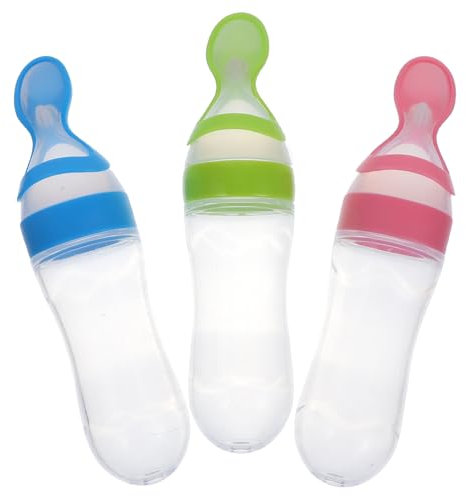 HEALLILY 3 Colors Baby Spoon Silicone Squeeze Feeding Bottle:Dispensing Spoon Food Rice Infant Toddler Feeding Bottle with Spoon (Pink, Green, Blue, Ideal for Over 4 Months Babies)