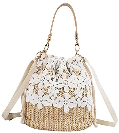 Femmes Filles de Paille Dépaule Sac Bohême Casual de Plage Sac de Mode Voyage de Paille Rotin Sac À Main avec Bretelles Réglables, Flower