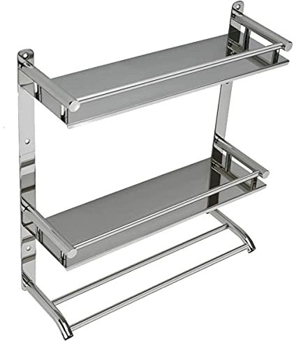 BBL Bathroom Shelf, Stainless Steel Bathroom Shelf Wall Mounted Shower Storage Organizer with Towel Rack, Hooks for Bathroom Kitchen Storage (Double Tier), Silver