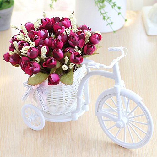 MISNODE Künstliche Blumen mit Fahrrad, Garten Nostalgie Fahrrad, Mini Dreirad Künstliche Blume Dekor Pflanze Ständer für Party Home Office Hotel Dekoration, Rot