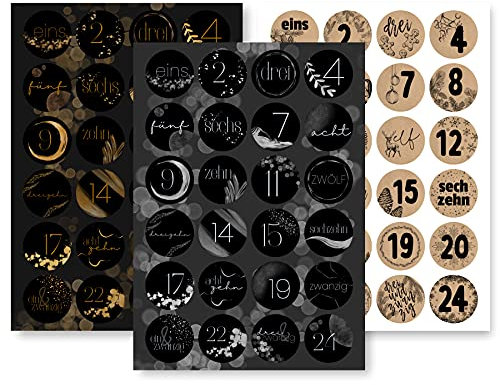 Adventskalender Aufkleber Set (Zahlen 1-24) - 3 x 24 Sticker für Kalender zum selber basteln für Weihnachten - Adventskalenderzahlen Etiketten selbstklebend - Zahlenaufkleber - Nummern Papiertüten
