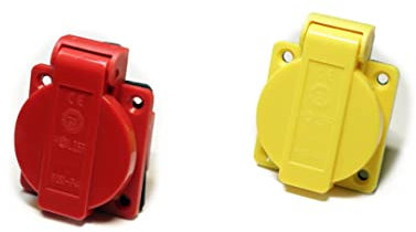 HOLZER 8 Stück/Einbausteckdose Schuko Anbau Steckdose 16A Feuchtraum / PA6 / + Flansch Dichtung (4xRot / 4xGelb)