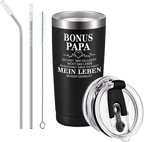 Livole Stiefpapa Geschenk, Danke Bonus Papa, Geburtstagsgeschenk für Stiefvater, Vatertag, Weihnachten, Vater, 20oz 600ml Doppelwandig Edelstahl Weinbecher mit Deckel und Strohhalmpinsel, Geschenkbox