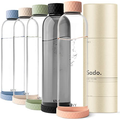 KIVY Botella de agua de vidrio de 32 onzas con funda de silicona, botellas de agua de vidrio sin BPA, botellas de agua estéticas de 1 litro, botella de agua transparente estética, botellas de agua de