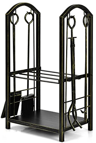 GiantexUK Metal Firewood Rack, Heavy Duty Fireplace Log Holder, Indoor & Outdoor Fireside Wood Storage Shelf with 4 Fireplace Tools Set (Bronze)