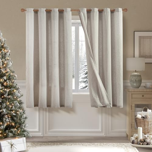 TOPICK Leinen Vorhänge Gestreifte Gardinen mit Ösen Modern Beige Leinenoptik Vorhang Wohnzimmer Privarsphäre Gardine Lichtfilterung Ösenschal mit Streifen Muster 2er Set H175xB130cm Grau auf Beige