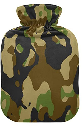 Mnsruu Green and Black Camouflage Hot Water Bottle with Velvet Cover, 2L Transparent Hot Water Bag for Hand Foot Warmer Pain Relief Hot Cold Therapy Cramps