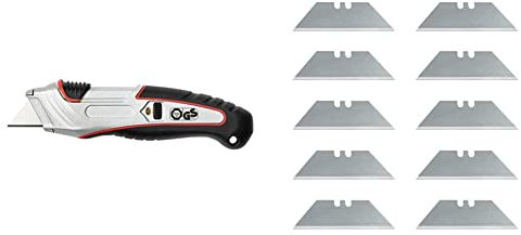 Wedo 78845 Safety Cutter Profi (mit 3-Stufen-Vorschub und automatischem Klingenrückzug) schwarz & 7881 Cutter Ersatzklingen Trapez (für Safety Cutter und Werkzeug, 61x19mm) 10 Stück, silber