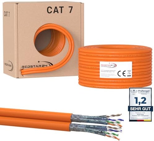 RedStar24 CAT7 Duplex Kabel 50m Verlegekabel Netzwerkkabel CAT 7 Twin LAN Installationskabel SFTP PIMF Kat.7 Netzwerk Ethernet Verkabelung Datenkabel Gigabit Kupfer Ethernet AWG23/1 Duplex, 50m