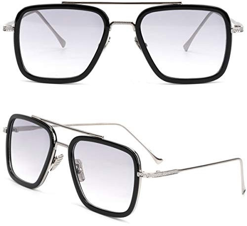 Retro Vintage Iron Man Sonnenbrille Tony Stark Brille Quadratischer Metallrahmen für Männer Frauen Brille Klassischer Legierung Rahmen, Silberfarbener Rahmen, hellgraue Gläser, Einheitsgröße