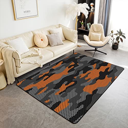 Armee Tarnung Bereich Teppiche Jungen Tarnteppich für Schlafzimmer Spielzimmer, Bunt Gemusterter Dekor Nicht Scheuernder Teppich Orange Schwarz Grau Geometrisch Dekor Teppich für Wohnzimmer,150Bx200L