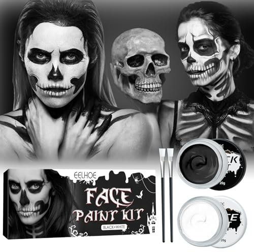 IWTBNOA Halloween Schminke Set, Face Paint Weiß + Schwarz Mit Makeup Pinsel, Make up Set, Gesichtsfarbe für Clowns Zombie Vampire Skelett, Fasching Cosplay