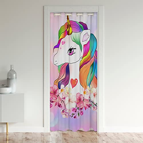 Loussiesd Einhorn Schwarzout Vorhangs Fenster Mädchen Cute Einhorn Behandlungen Türvorhang 132x203cm Zimmer Verdunkelung Einhorn Glitzer Floral Schwarzout Vorhangs für Türen mit Fenster