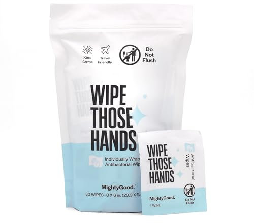 MightyGood Wipe Those Hands Lingettes antibactériennes emballées individuellement (30) sans parfum ni alcool