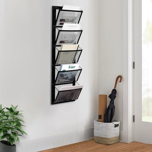 DSYOGX 5 Taschen Zeitschriften Wandhalter, Hängende Wandhalterung Wandprospekthalter Wand Aktenhalter Organizer Zeitschriften Wandhalter Prospekthalter Zeitungshalter Wand, Schwarz
