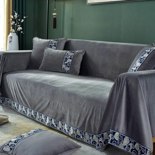 Ayoiow Sofa Überzug Decke Sofahusse Grau 1 Sitzer Sofabezug Plüsch Einfarbig Mit Wolkenmusterkanten