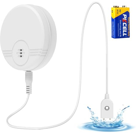 Erdiegle Détecteurs de fuites d'eau, 135dB Détecteur d'inondation pour Caves, salles de Bains, buanderies, Cuisines, garages et greniers (Piles 6F22/9V incluses) (1 Pack)
