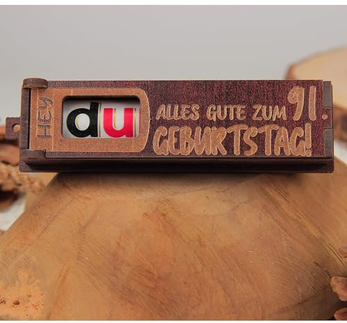 Urhome Geschenkbox Alles Gute zum 91. Geburtstag mit Duplo Schokoriegel - Überraschung Holzbox mit Spruch Gravur inkl. Schokolade Geschenk Riegel - Geburtstagsgeschenk Dunkel Braun