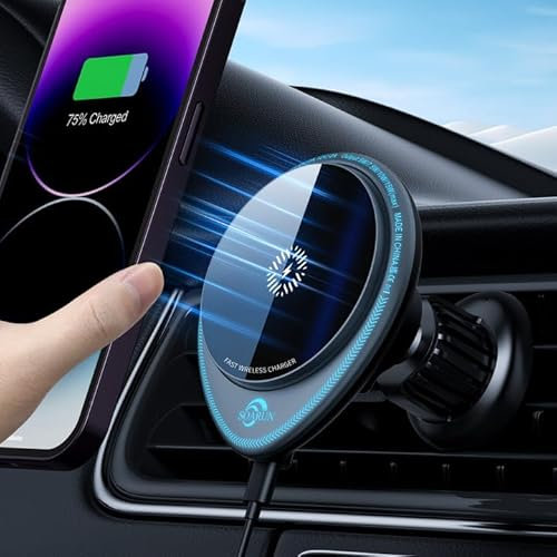 SOARUN Mag-Safe Car Mount Charger, 1.8kg Super Strong Magnetic Attraction, 360° Rotating Car Phone Holder Wireless Charger, Overheat Protection, Fit for Iphone 16 Series, Galaxy, Car Accessories