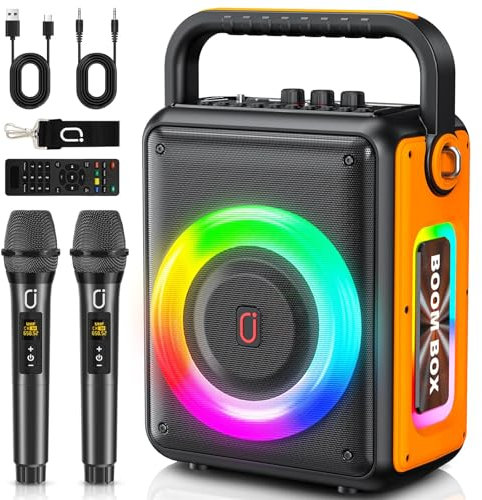 Karaoke Machine for Adults and Kids with 2 Wireless Microphones, 300W, 24H Playtime, RGB DJ Lights & TWS/USB/AUX/TV, Pro Portable Party Bluetooth Speaker for Home/Outdoor/Gifts