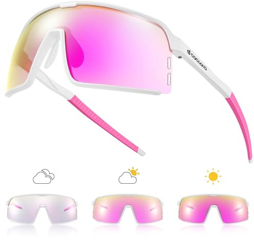 Odoland Photochromatische Selbsttönend Fahrradbrille Sportsonnenbrille Herren Damen, Sportbrillen UV 400 Schutz Radsport Brillen für Outdoor Schnelle Radfahren Laufen Rosa