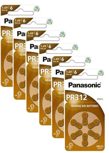 PANASONIC - Lote de 6 ampollas de 6 pilas PR312 Zinc Air para audífonos
