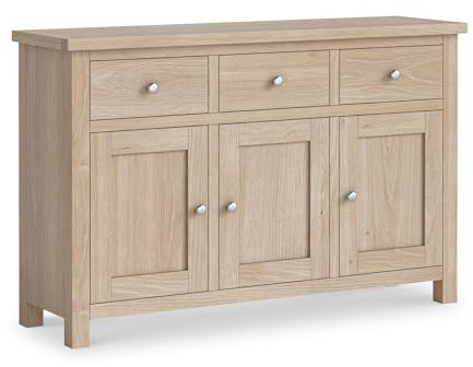 RoselandFurniture Farrow Oak Sideboard for Living Room Large Storage Cabinet | Fully Assembled 3 Door Solid Wooden Washed Oak Cupboard with 3 Drawers for Hallway or Dining Room