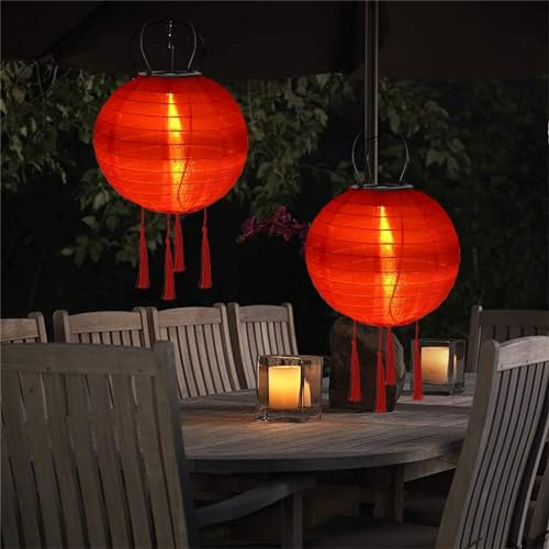 Lampions Solar Außen Wetterfest, 2 Stück Nylon Led Lampions Outdoor Solar Gartenlaterne Solarlampions für Außen Hängend Warmweiß mit Fransen für Garten, Hof, Terrasse, Hochzeit (30cm/Rot)