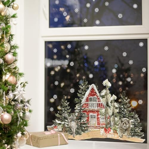 Neukids fensterbilder weihnachten Rote Häuser und Kiefern, schneeflocken deko fensteraufkleber weihnachtsdeko fenster, weihnachtsfenster bilder Winter fenster Glas Spiegel weinachtsdekorationen