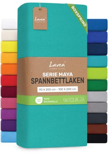 Lavea® Spannbettlaken 90-100x200 cm - für Boxspringbett – Türkis | Jersey Spannbetttuch mit 40 cm Steghöhe, 100% Baumwolle, weich, atmungsaktiv, pflegeleicht, formstabil – Perfekte Passform