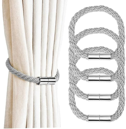 Magnetische Vorhang Raffhalter, 4 Stücke Raffhalter für VorhäNge Mit Magnet 47×3cm, Raffhalter für Gardinen Halterung Vorhang Halter Gardinenhalte Dekoration Gardinen ZubehöR (Silber)