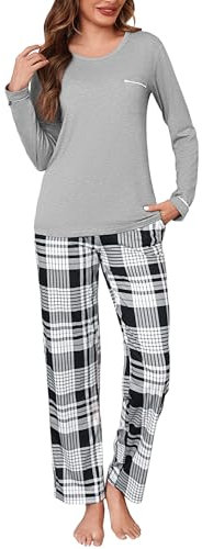 Irdcomps Pyjama Femme Hiver Coton Ensemble de Pyjamas Vêtements de Nuit à Manches Longues col Rond Pantalon de Pyjamas à Carreaux avec Poches Gris L