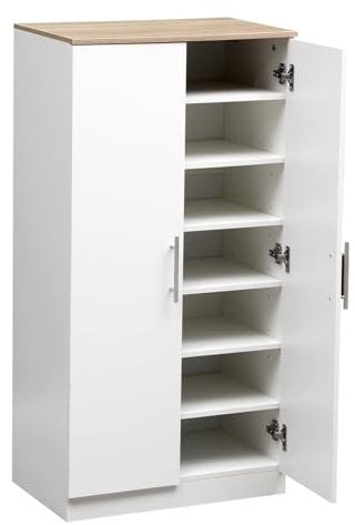 Shoe Storage Cabinet White Oak Elegant Wooden Shoe Cabinet - 2 Door Shoe Storage with Adjustable 6 Shelves - 108cm Tall (White/Oak Top)