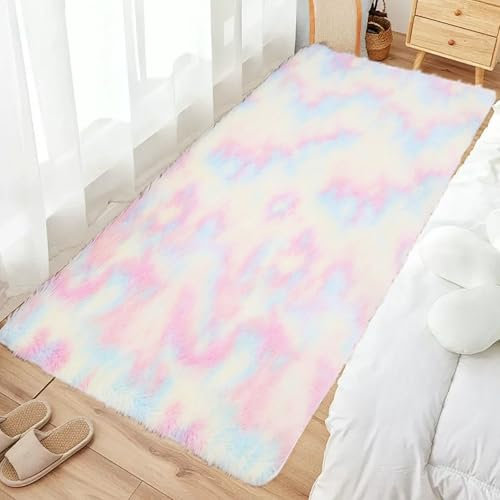 Hochflor Teppich 125 x 90 cm Waschbar Langflor Wohnzimmerteppich Pflegeleicht für Zimmer Home Dekor, Sieben Farben