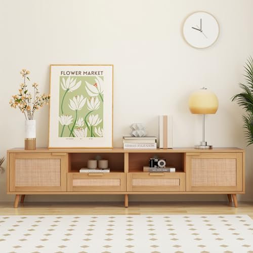 LONELYO Meuble TV rétro pour téléviseur de Moins de 85 Pouces tressé en rotin avec Beaucoup d'espace de Rangement, Buffet TV, Meuble TV pour Salon, Meuble Bas avec 2 Portes et 2 tiroirs, Couleur Bois