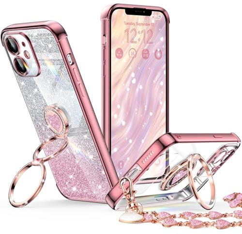 XYZ for iPhone 12 Case with Stand, Phone Case with Double Ring Kickstand, Women Girls Bling Luxury Glitter Clear Phone Case Cover Heart for iPhone 12, Rose Gold