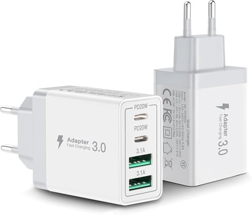 Aioneus Cargador USB C 40W 2Pack, Cargador iPhone Carga Rapida 4 Puertos Cargador Multiple con Doble Tipo C y USB A, Movil Cargador Enchufe USB C para iPhone 16 Pro Max/15/14/13/12/11, Samsung, iPad