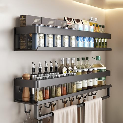 Naturepanda KüChenregal Wand,GewüRzregal HäNgend,GewüRzregal Mit Stange,GroßEr KapazitäT,Mit Haken,Mit Handtuchhalter,Zur Aufbewahrung Von GewüRzbehäLter Und KräUtern
