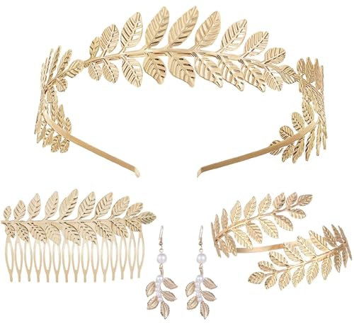 Ceeyoll 5 Stück Griechische Göttin Kostüm Schmuck Set,Römische Göttin Haarreif,Haarreifen Lorbeerkranz,Blatt Ohrringe Haarkamm, Braut Hochzeits Kopfschmuck für Braut Kopfschmuck Party Robe Cosplay.