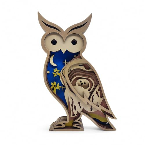 Drawelry 3D Holz Tier Dekofigur Ornamente mit LED Lichterketten Nachtlicht, Mehrschichtige Gepard Eisbär Elch Holzskulptur Geschenk für Wohnzimmer Büro Kinderzimmer Deko (Eule, Kein Licht)