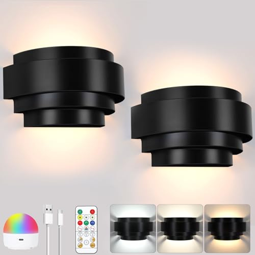 Glowlit Wireless Wall Lights Black, Set of 2 | Battery Operated with Rechargeable Bulb, Touch & Remote, 19 Colors, Cordless, Indoor Wall Sconces