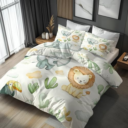 Generico Copripiumino Una Piazza e Mezza Animali Giungla Safari Bambini, Set di Biancheria da Letto in Microfibra 3 Pezzi, Parure Copri Piumino 155x200 e 2 Federe 50x80 con Cerniera AXab09