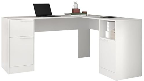 ACTUAL DIFFUSION Bureau d'angle Blanc 2 Caissons 2 Portes 1 Tiroir 1 Niche L 160 H 78.5 P 134.5 cm