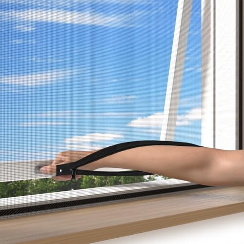 BKSAI Window Fly Screen with Double Zip Opening, Easy to Open & Close Window, Tear-Resistant Fiberglass Mosquito Window Net, Cuttable, Self-Adhesive Window Screen Mesh (Black, 130 * 150CM)