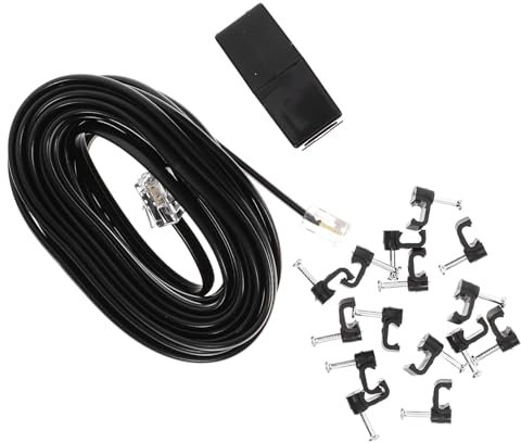 SHINEOFI Black Telephone Cord Set, 15ft Rj11 6p4c Line with Coupler and 17 Nail Clips, Pvc Pp, Easy Connection for Landline Telephone Devices