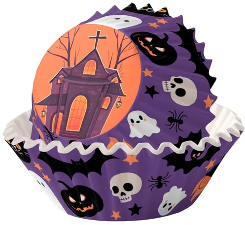 100P Halloween Cupcake Cases,Standard Cupcake Liners,Muffin Liners Baking Cups,Purple Castle Wrappers Paper Halloween Cake Decorations for Trick or Treat Theme Party Supplies
