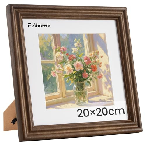 Feihorrm Vintage Bilderrahmen, Walnuss Massivholz Fotorahmen, Mit gehärtetem Glas, Für 20x20 cm-Fotos ohne Passepartout oder 9x9 cm-Fotos mit Passepartout (Dunkel Braun, 20x20 cm)